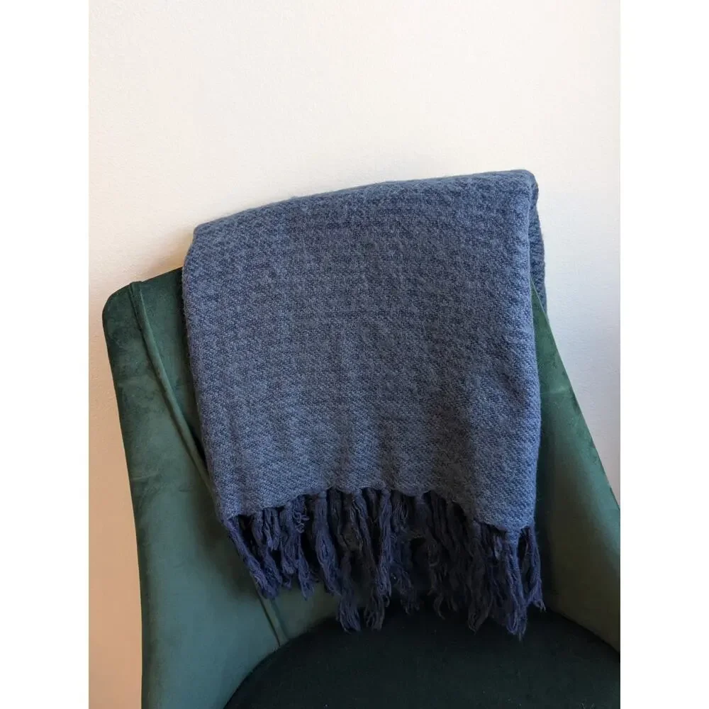 West Elm 46x53 Tassle Fringe Throw Blanket Navy Blue Fuzzy Knit Cozy Decor